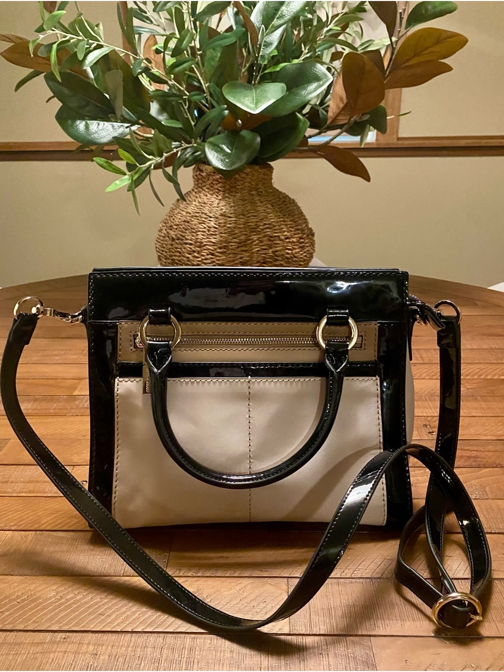 Karen Millen Black and Cream Patent Trim Crossbody Tote